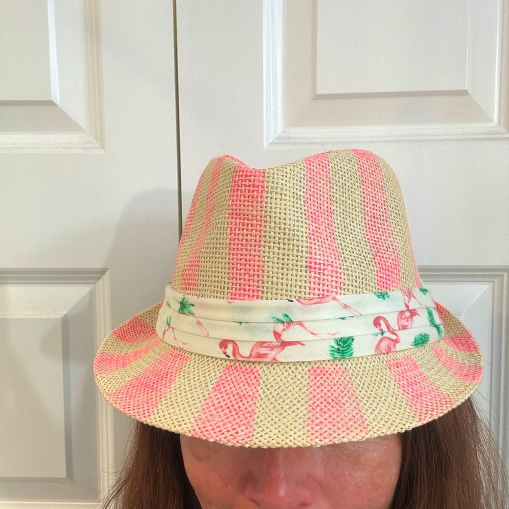 Striped Pink and White Hat with Flamingo design